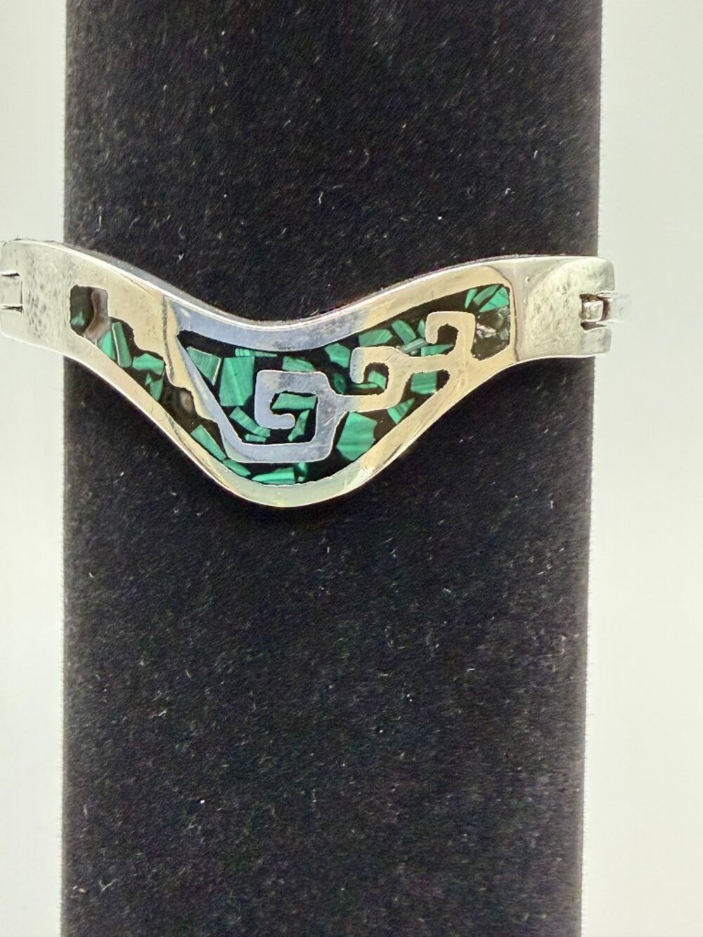 Vintage Sterling Silver Taxco Mexico Malachite Inlay Bangle Bracelet